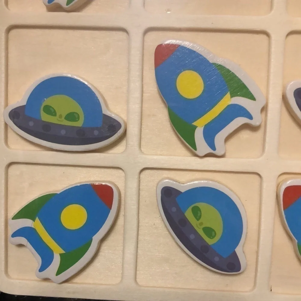 Wood Tic Tac Toe Spaceships and aliens Game.